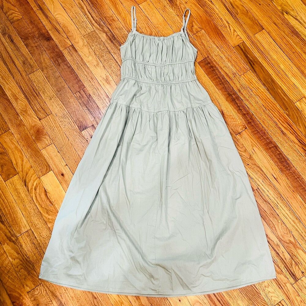 Sim & Sam Womens Medium Midi Dress Sage Green Tiered Smocked Strappy Boho Cotton